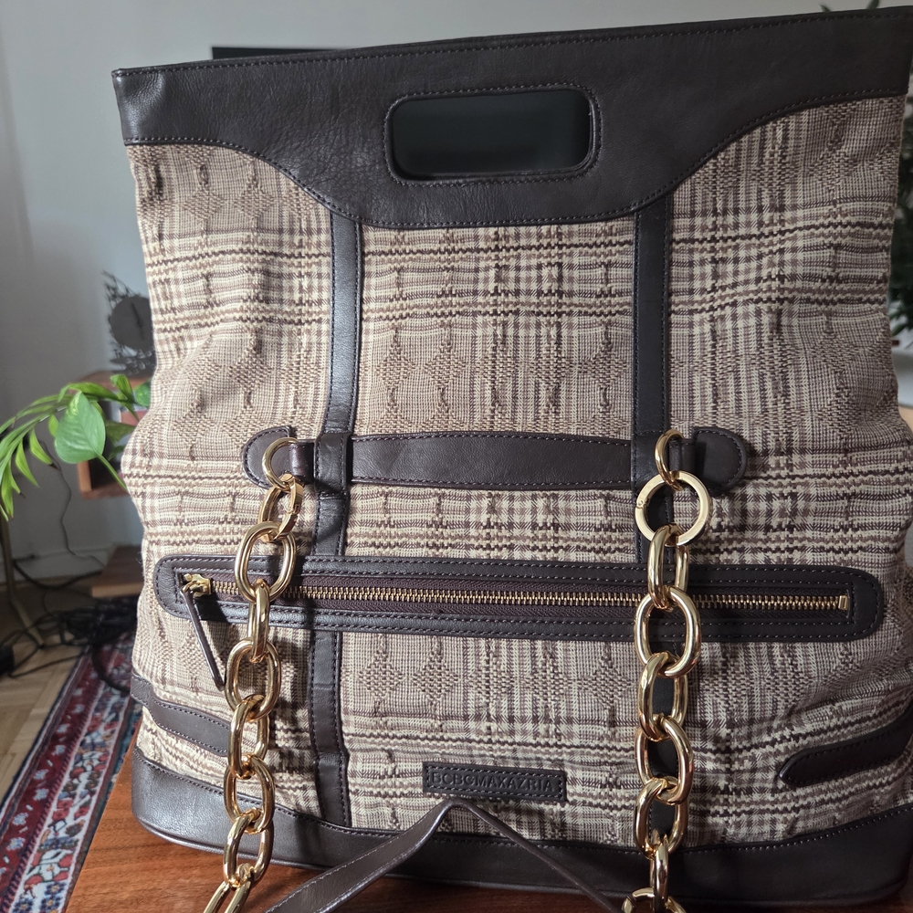 Brown Plaid Tote Bag with Gold Chain Handles